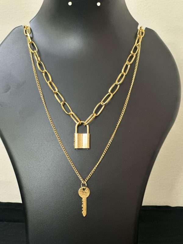 Gold Lock & Key Layered Necklace - Image 4