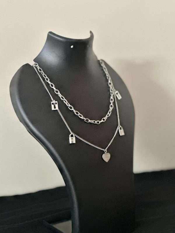 Urban Lock & Love Layered Necklace – Silver - Image 4
