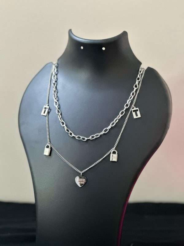 Urban Lock & Love Layered Necklace – Silver - Image 3