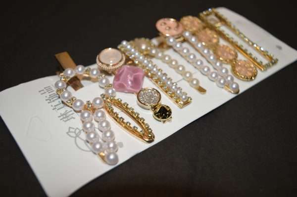 Elegant Pearl & Stone Hair Clip Set – 9 Pieces - Image 2